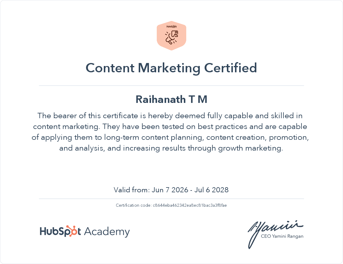 Hubspot Content Marketing Certificate RAIHA